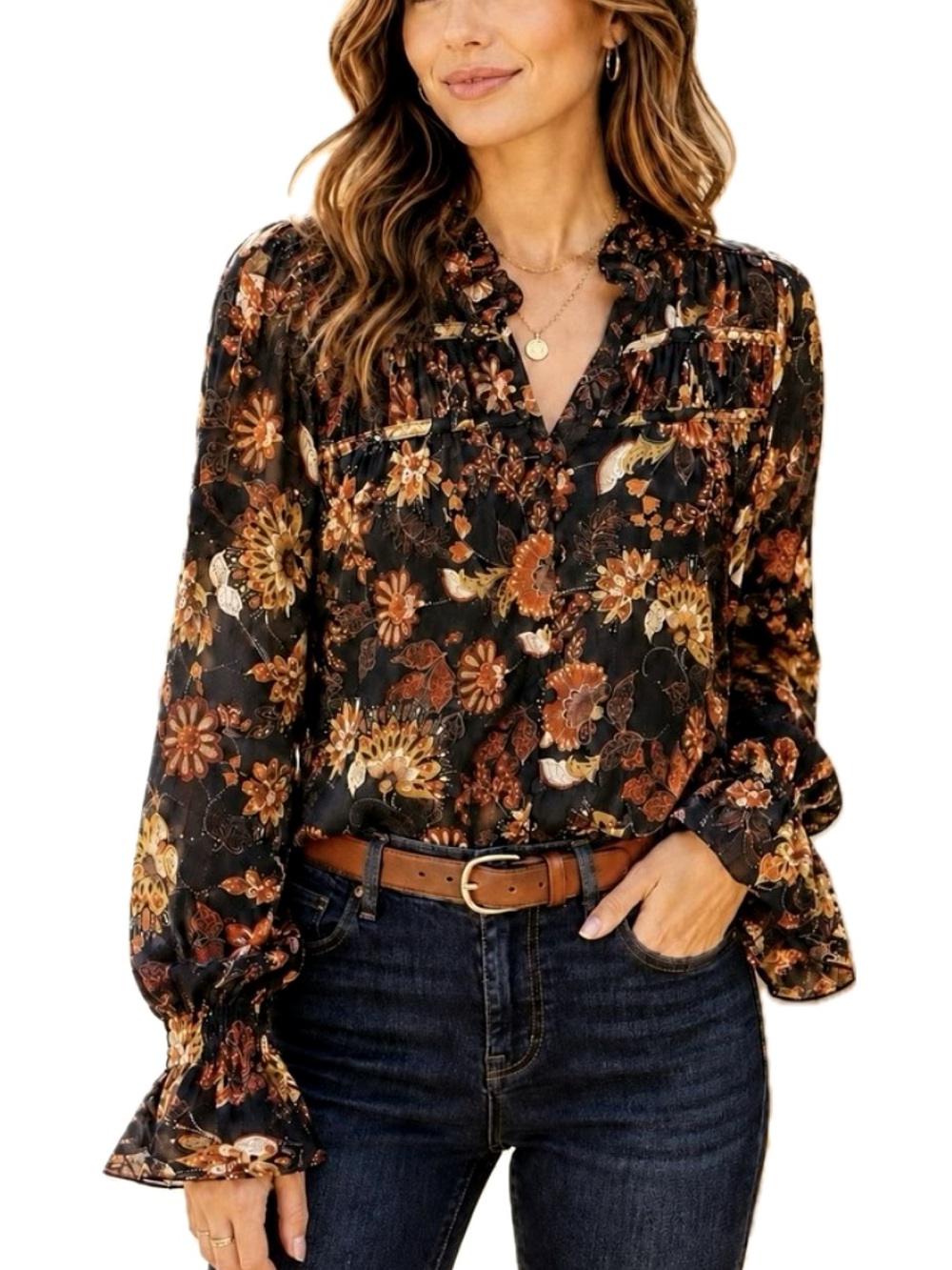 Evereve Floral Metallic Peasant Blouse Womens Size M Ruffle Sleeve Split Neck